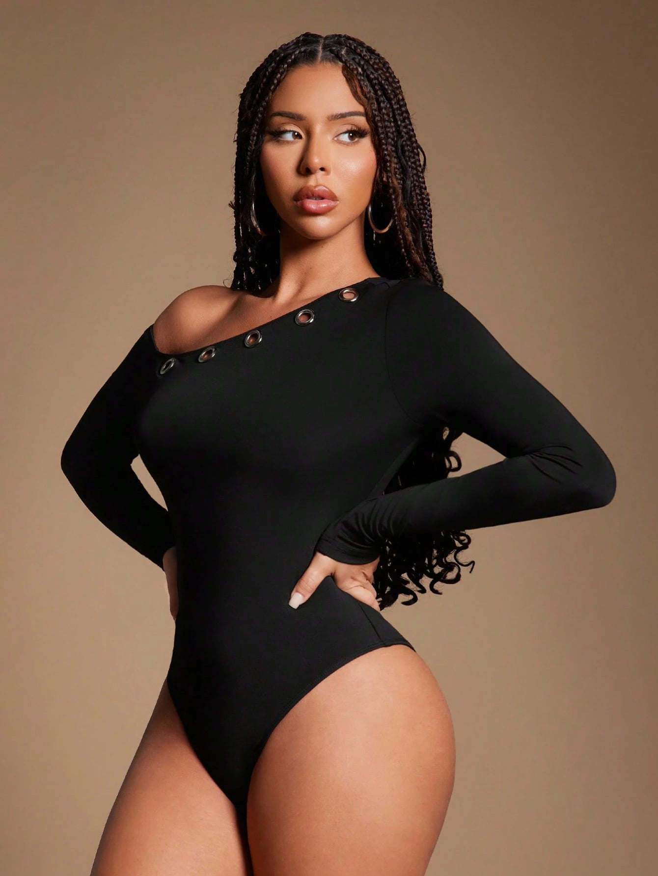 Radiana Women's Sexy Casual Street Style Black Asymmetrical Shoulder Long Sleeve Bodysuit