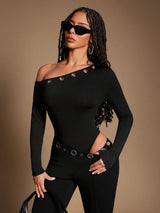 Radiana Women's Sexy Casual Street Style Black Asymmetrical Shoulder Long Sleeve Bodysuit