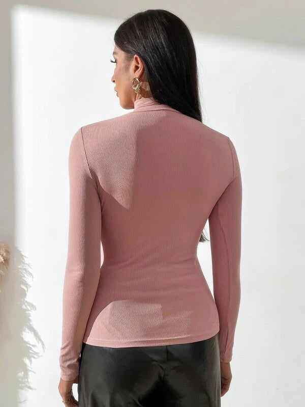 Ribbed Knit Button Front High Neck Tee