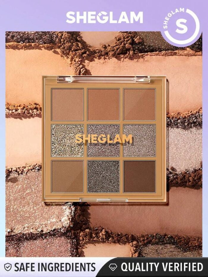 SHEGLAM Nine To Fine Eyeshadow Palette-Silent Disco 9-Color Matte Glitter Eyeshadow Palette Gold High Shine Glitter Rose Ultra Pigmented Smooth Blendable Eyeshadow