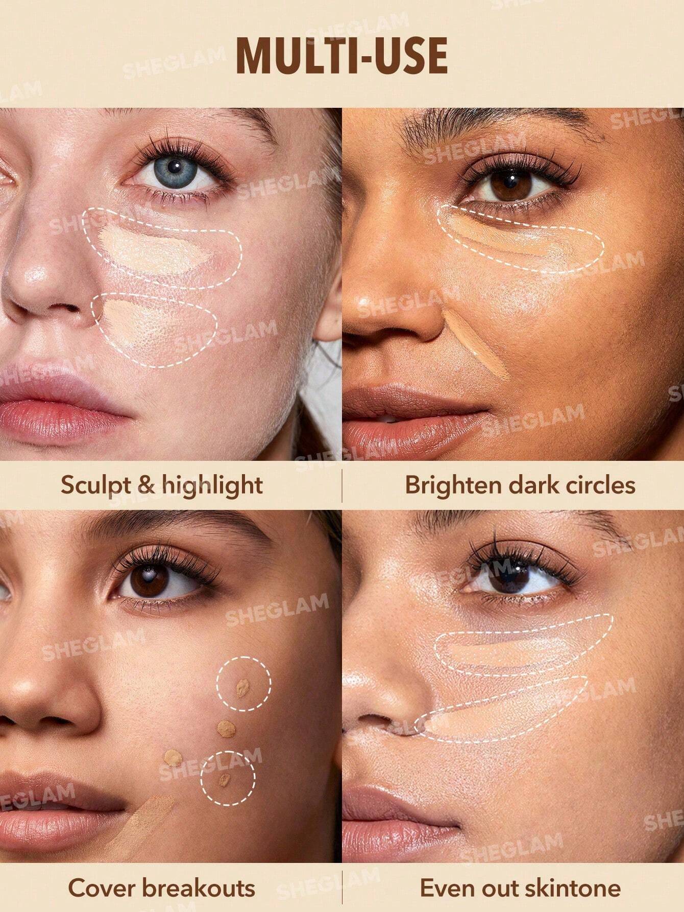 SHEGLAM Perfect Skin High Coverage Concealer-Linen 20 Shades Liquid Concealer Brush Moisturizing Weightless All-Day Hydrate Concealer Makeup