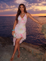SHEIN Allurite Women's Pink Floral Summer Boho Holiday Vacation Halter V Neck Dress