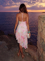 SHEIN Allurite Women's Pink Floral Summer Boho Holiday Vacation Halter V Neck Dress