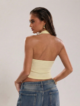 SHEIN BAE Women's Pale Yellow Textured Halter Neck Metal Decor Vacation Top