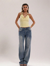 SHEIN BAE Women's Pale Yellow Textured Halter Neck Metal Decor Vacation Top