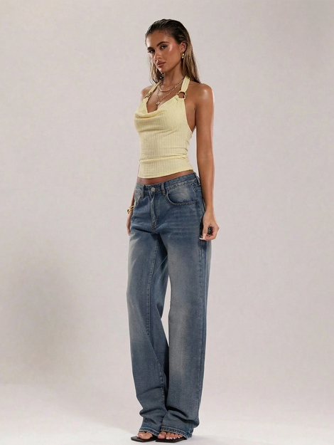 SHEIN BAE Women's Pale Yellow Textured Halter Neck Metal Decor Vacation Top