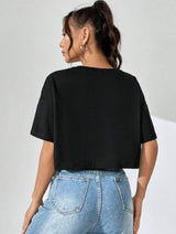 SHEIN EZwear Slogan Graphic Drop Shoulder Crop Tee