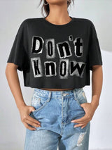 SHEIN EZwear Slogan Graphic Drop Shoulder Crop Tee