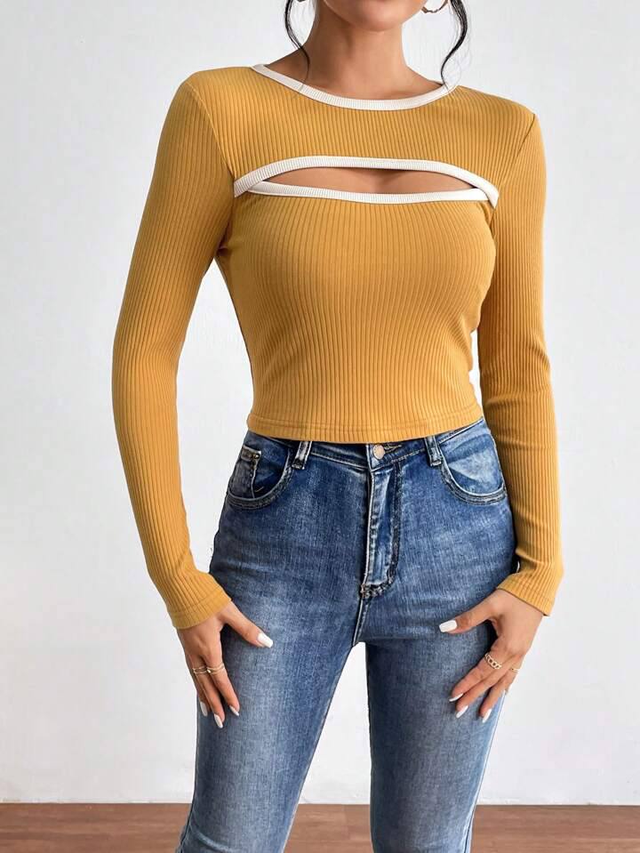 SHEIN Essnce Cut Out Contrast Binding Ribbed Knit Tee