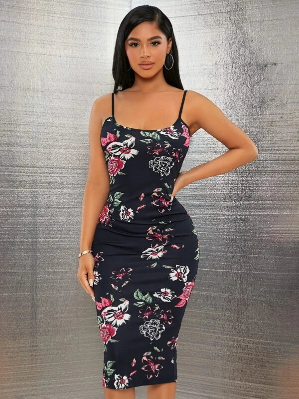 SHEIN Floral Print Split Hem Bodycon Cami Dress