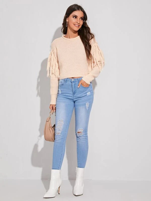 SHEIN Fringe Detail Drop Shoulder Sweater