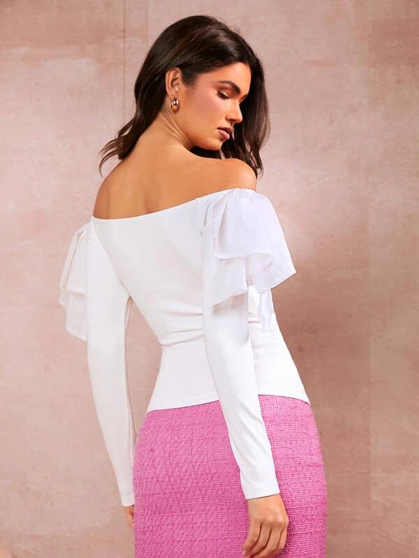SHEIN Off Shoulder Ruffle Trim Rib-knit Tee