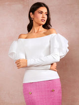 SHEIN Off Shoulder Ruffle Trim Rib-knit Tee