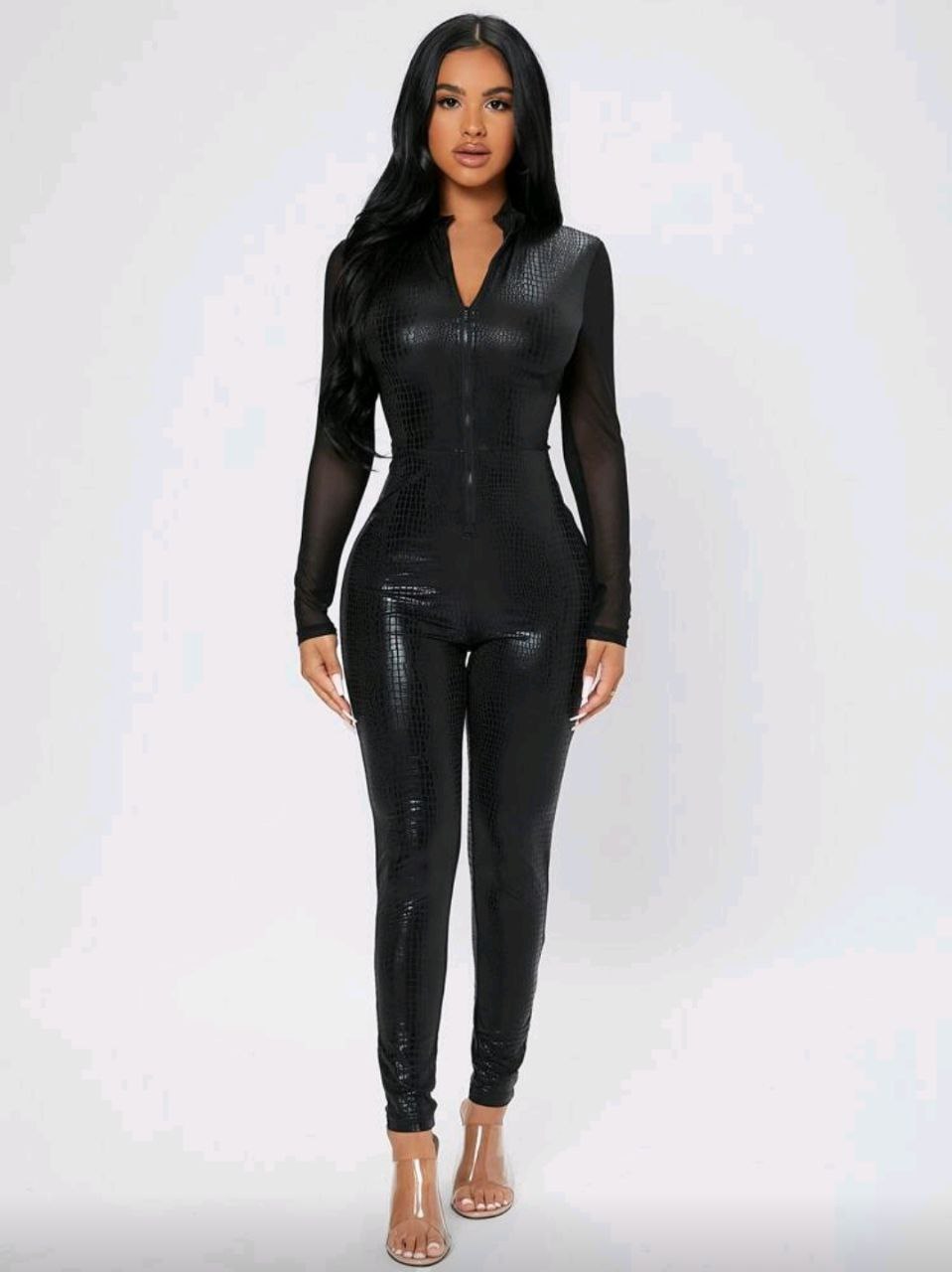 SHEIN PETITE Zip Up Mesh Panel Unitard Bodycon Black Jumpsuit