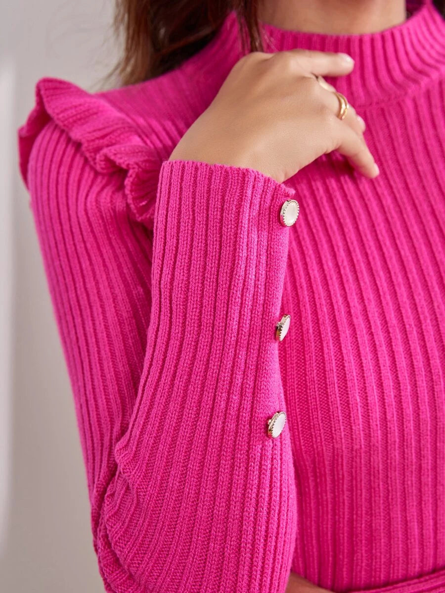 SHEIN Ruffle Trim Button Detail Sweater