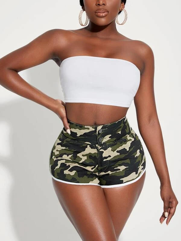 SHEIN SXY Camo Print Lace-up Back Denim Shorts