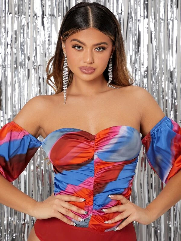 SHEIN SXY Off Shoulder Tie Dye Graphic Ruched Zip Back Bodysuit