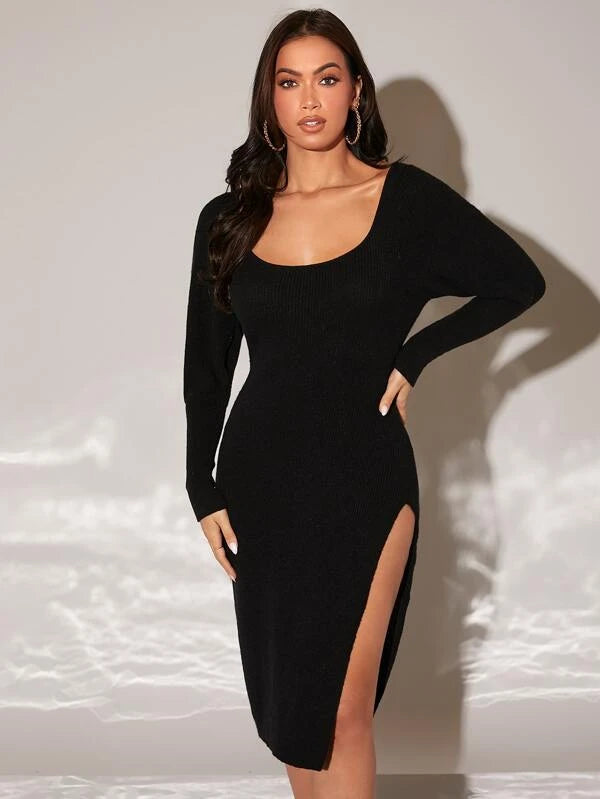 SHEIN Scoop Neck Slit Thigh Sweater Dress Without Belt