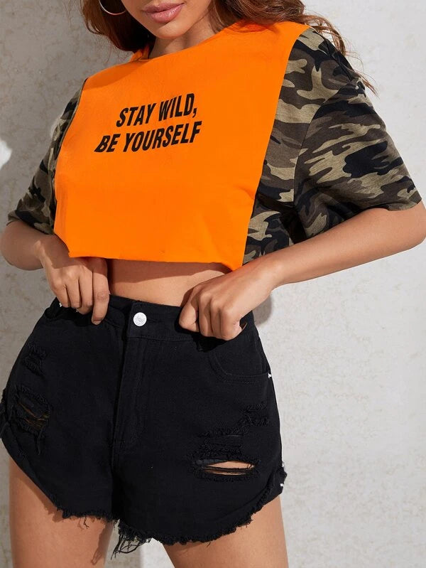 SHEIN Slogan Graphic Camo Sleeve Crop Top