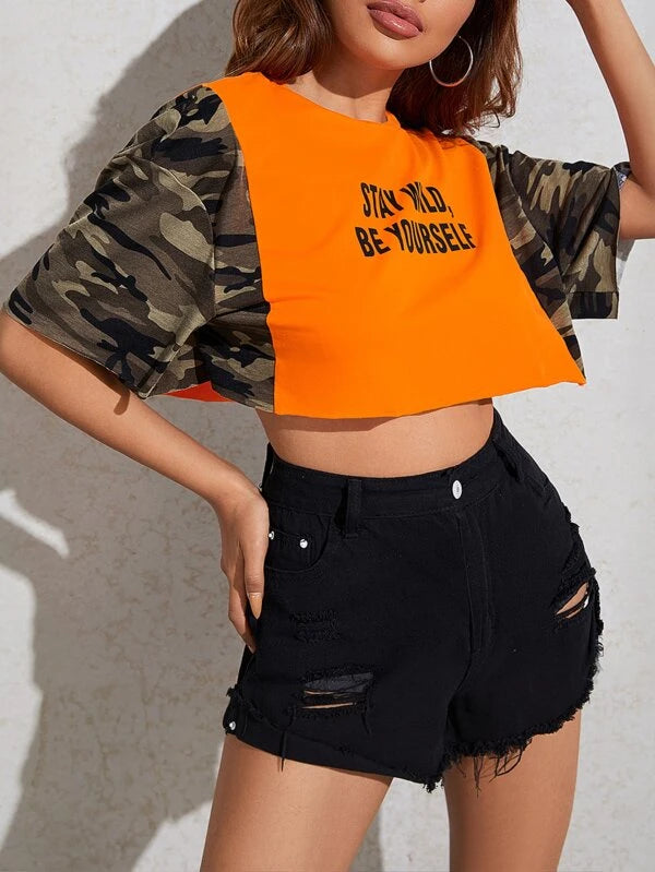 SHEIN Slogan Graphic Camo Sleeve Crop Top