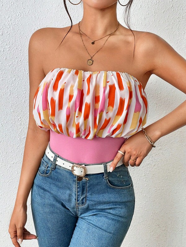SHEIN Unity Brush Print Ruched Bust Tube Top