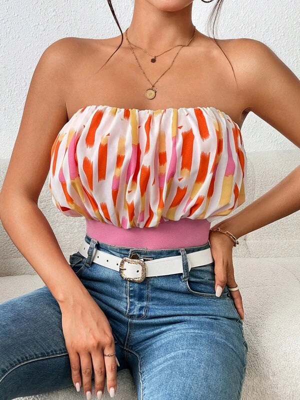 SHEIN Unity Brush Print Ruched Bust Tube Top