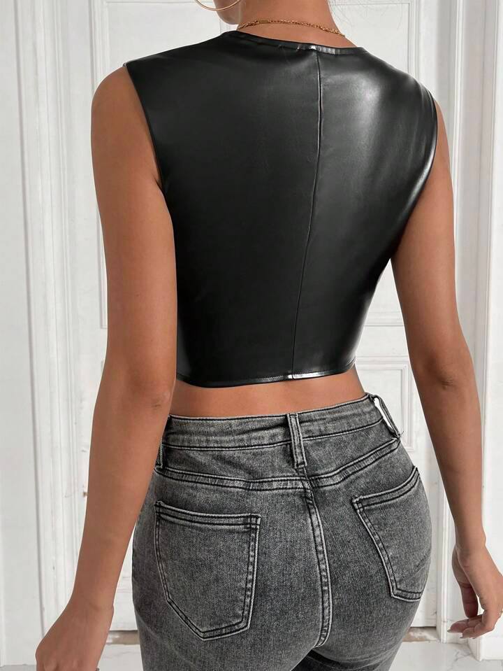 SHEIN Unity Solid Crop PU Leather Tank Top