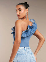 SHEIN BAE One Shoulder Ruffle Trim Crop Denim