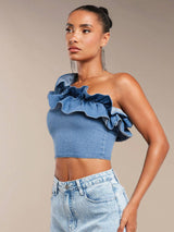 SHEIN BAE One Shoulder Ruffle Trim Crop Denim