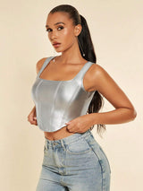 SHEIN BAE Square Neck Asymmetrical Hem PU Leather Tank Top