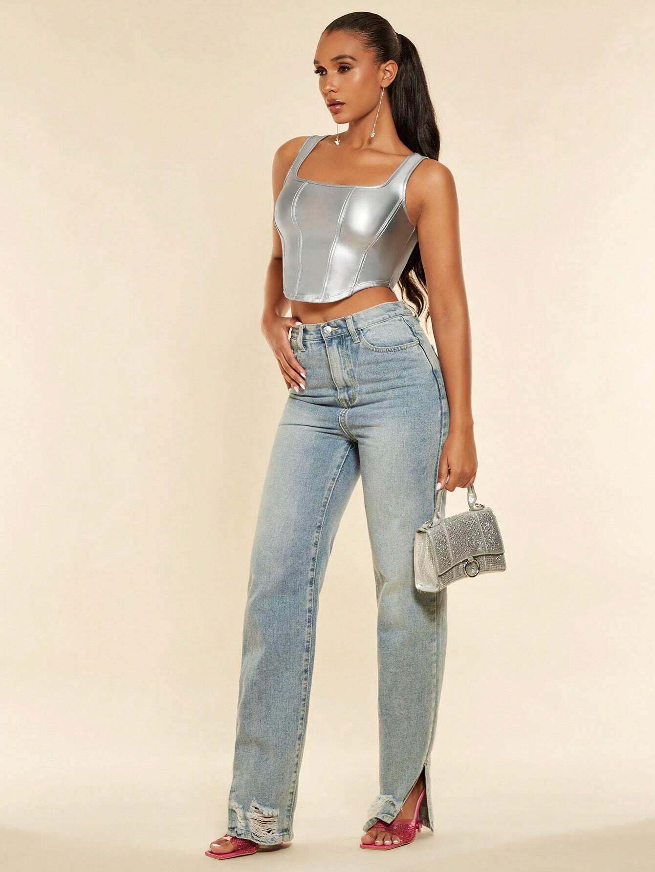 SHEIN BAE Square Neck Asymmetrical Hem PU Leather Tank Top