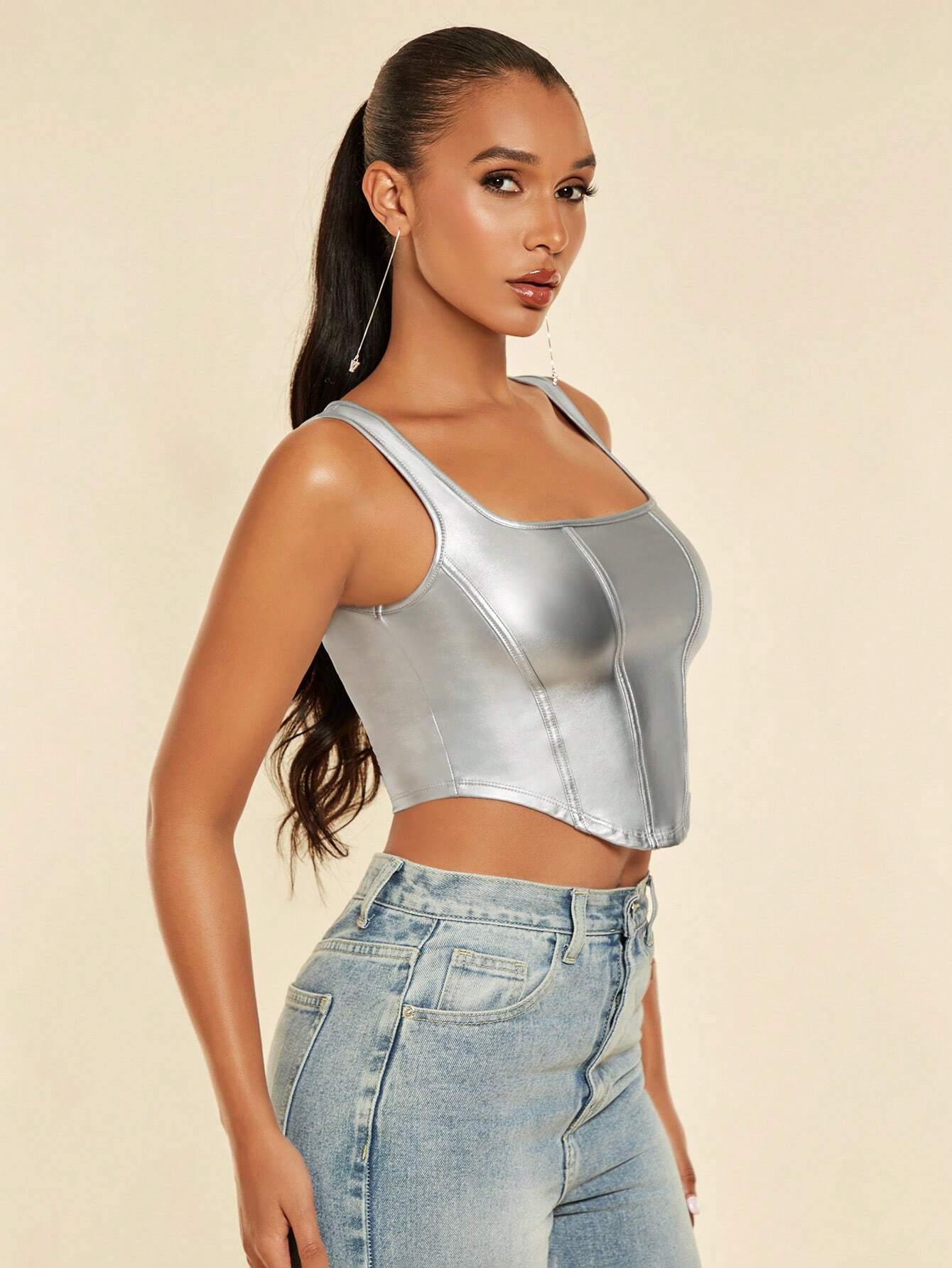 SHEIN BAE Square Neck Asymmetrical Hem PU Leather Tank Top