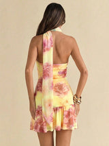 SHEIN BAE Summer Women's Floral Print Bodycon Ruched Asymmetric Strapless Tie Decor Elegant Mini Dress