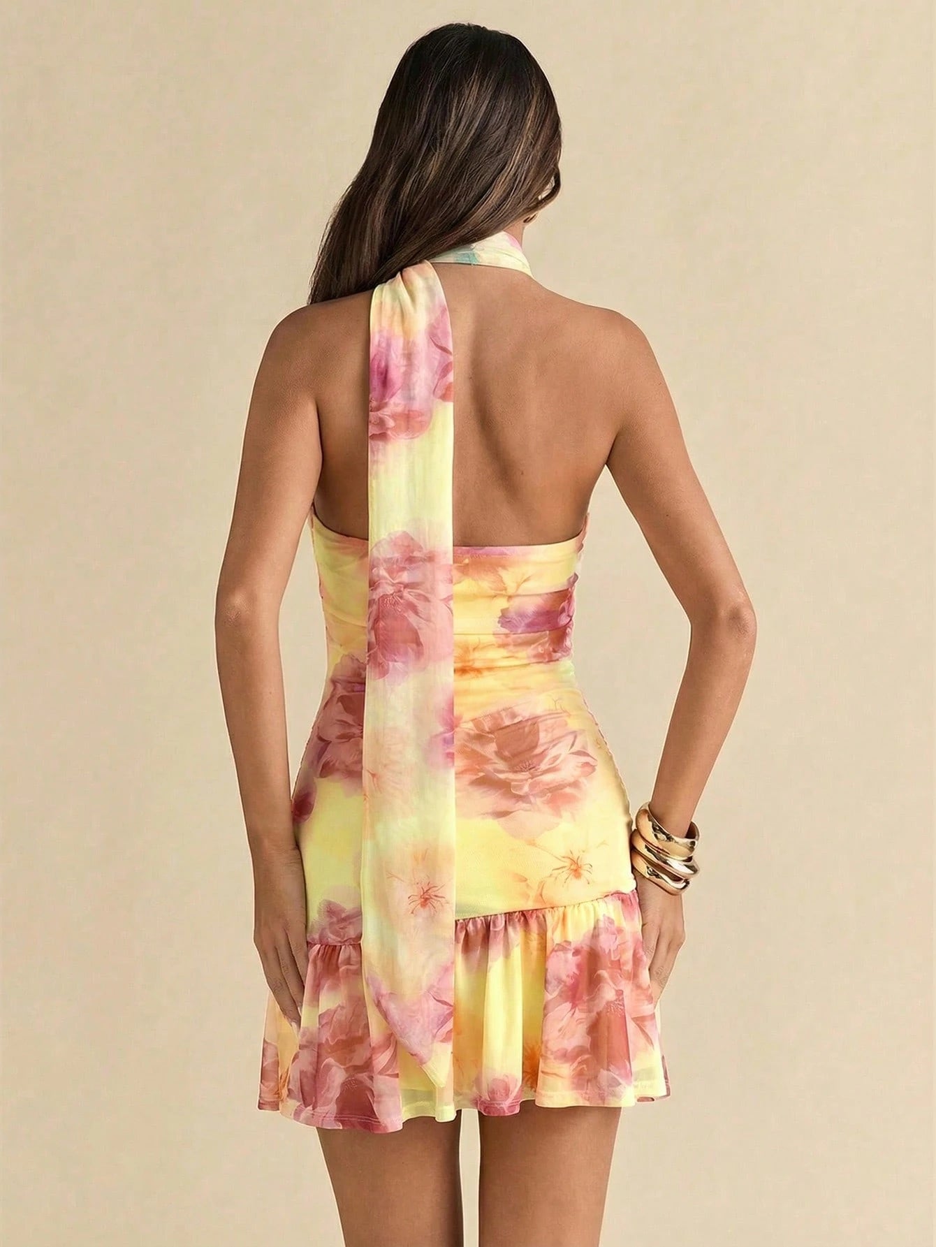 SHEIN BAE Summer Women's Floral Print Bodycon Ruched Asymmetric Strapless Tie Decor Elegant Mini Dress