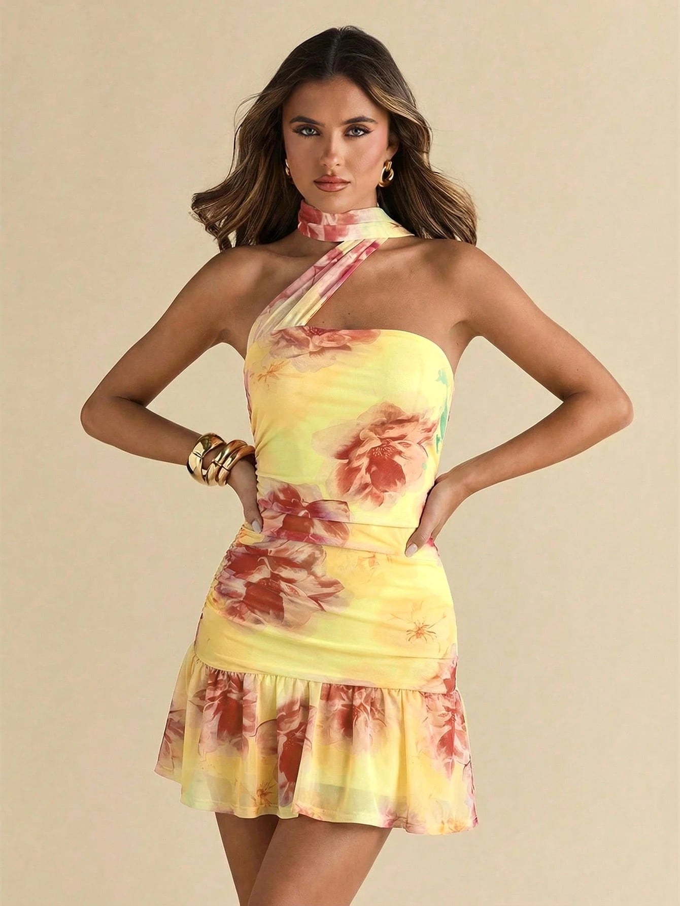 SHEIN BAE Summer Women's Floral Print Bodycon Ruched Asymmetric Strapless Tie Decor Elegant Mini Dress