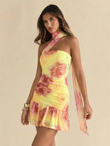 SHEIN BAE Summer Women's Floral Print Bodycon Ruched Asymmetric Strapless Tie Decor Elegant Mini Dress