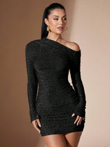 SHEIN BAE Women's Autumn/Winter Solid Color Long Sleeve Knit Oblique Off Shoulder Ruched Bodycon Mini Dress