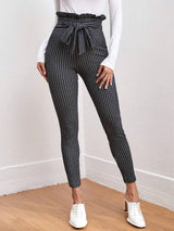 SHEIN Clasi Tie Front Paperbag Waist Plaid Skinny Pants Workwear