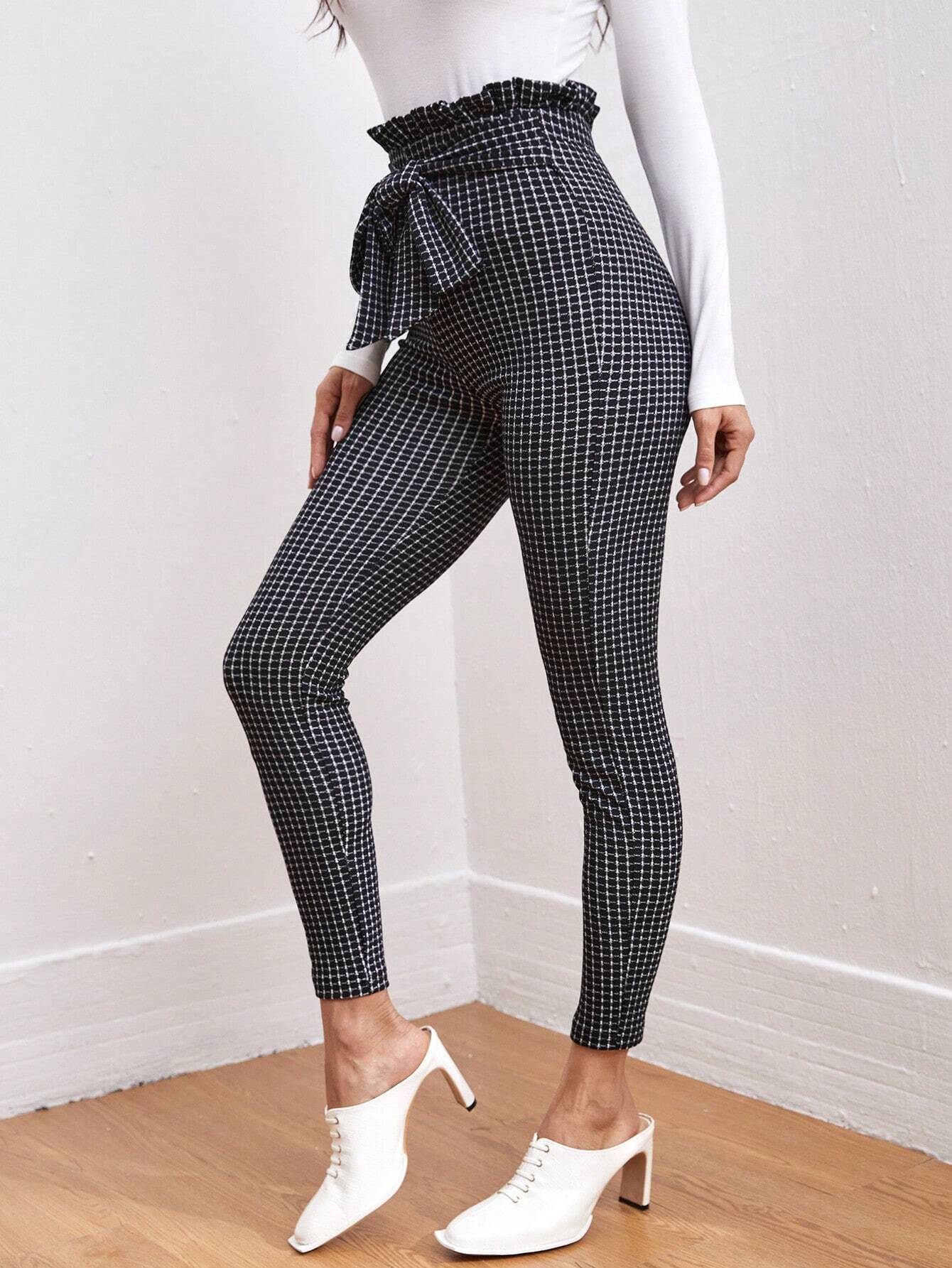 SHEIN Clasi Tie Front Paperbag Waist Plaid Skinny Pants Workwear
