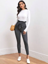 SHEIN Clasi Tie Front Paperbag Waist Plaid Skinny Pants Workwear