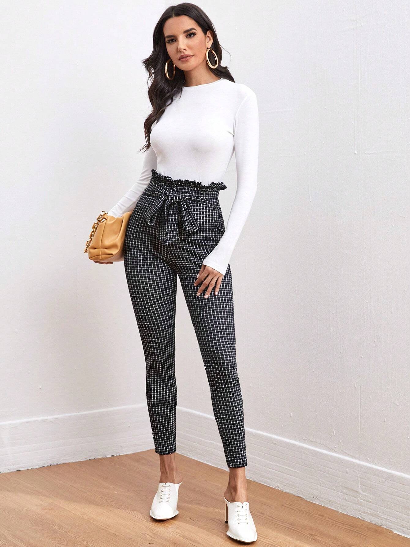 SHEIN Clasi Tie Front Paperbag Waist Plaid Skinny Pants Workwear
