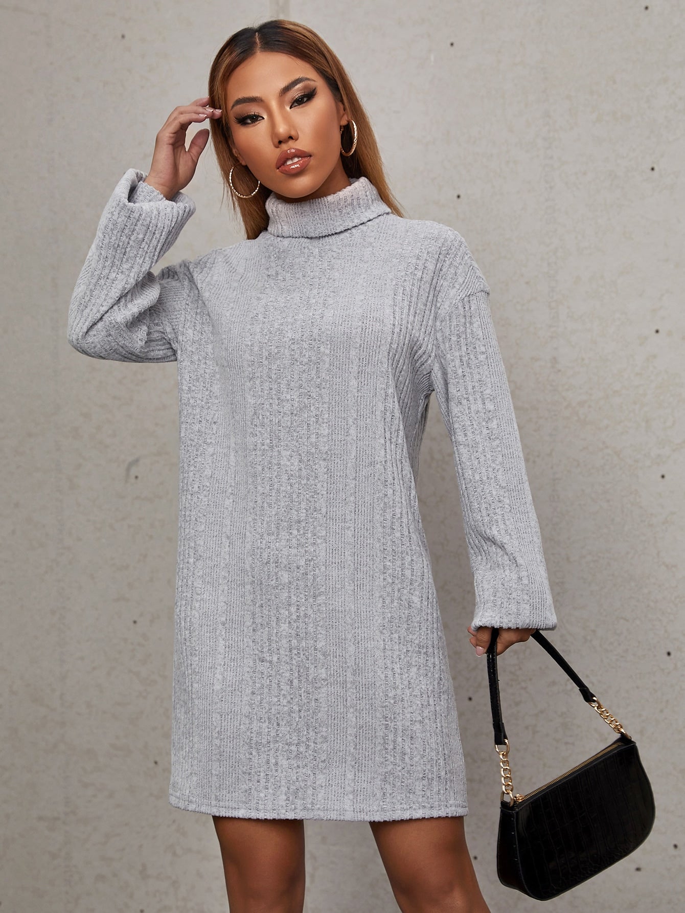 SHEIN EZwear Mock Neck Rib Knit Dress