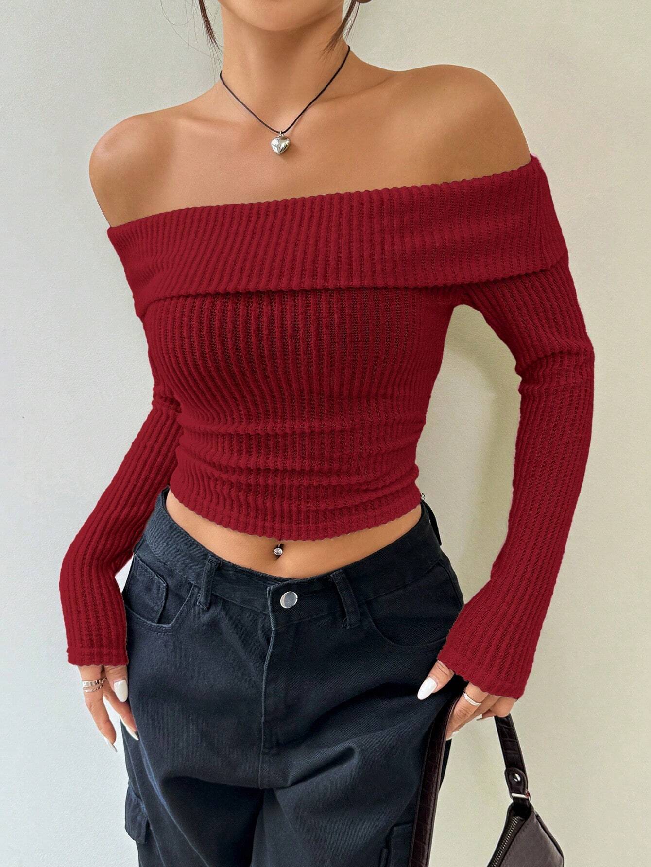 SHEIN EZwear Winter Women Black Velvet Off The Shoulder Long Sleeve Crop Top