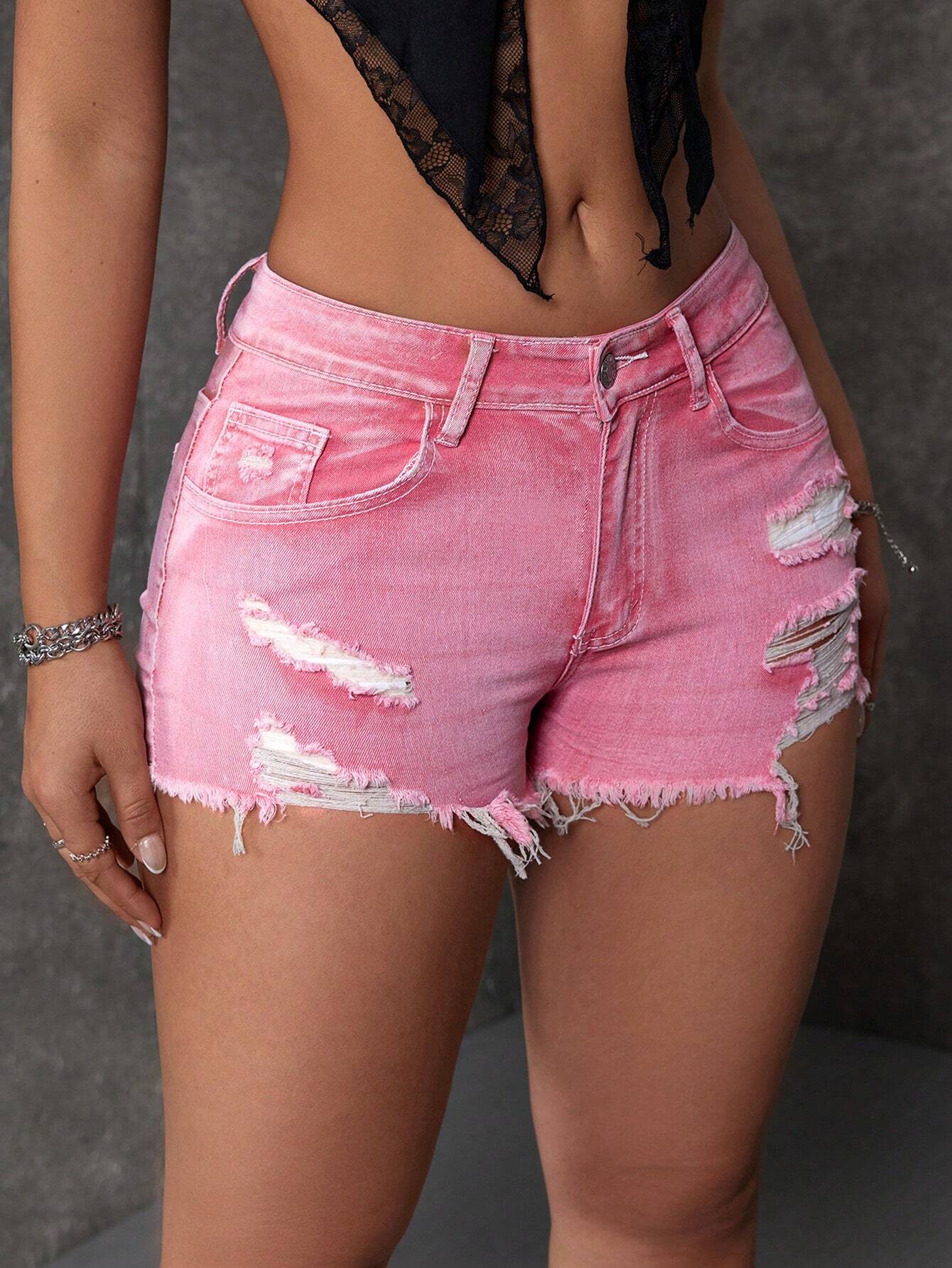SHEIN EZwear Women Washed Ripped Frayed Fashionable Summer Jean Shorts