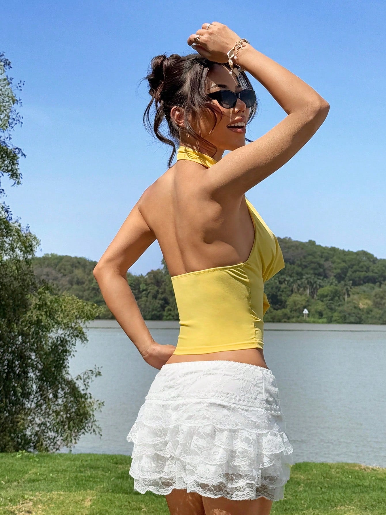SHEIN EZwear Yellow Knitted Women's Halter Neck Tank Top