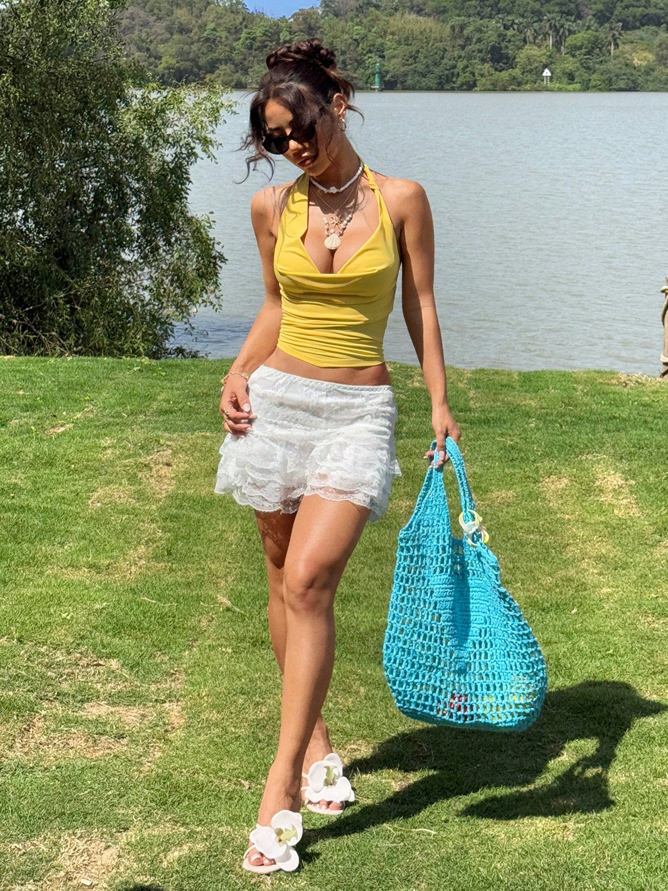 SHEIN EZwear Yellow Knitted Women's Halter Neck Tank Top
