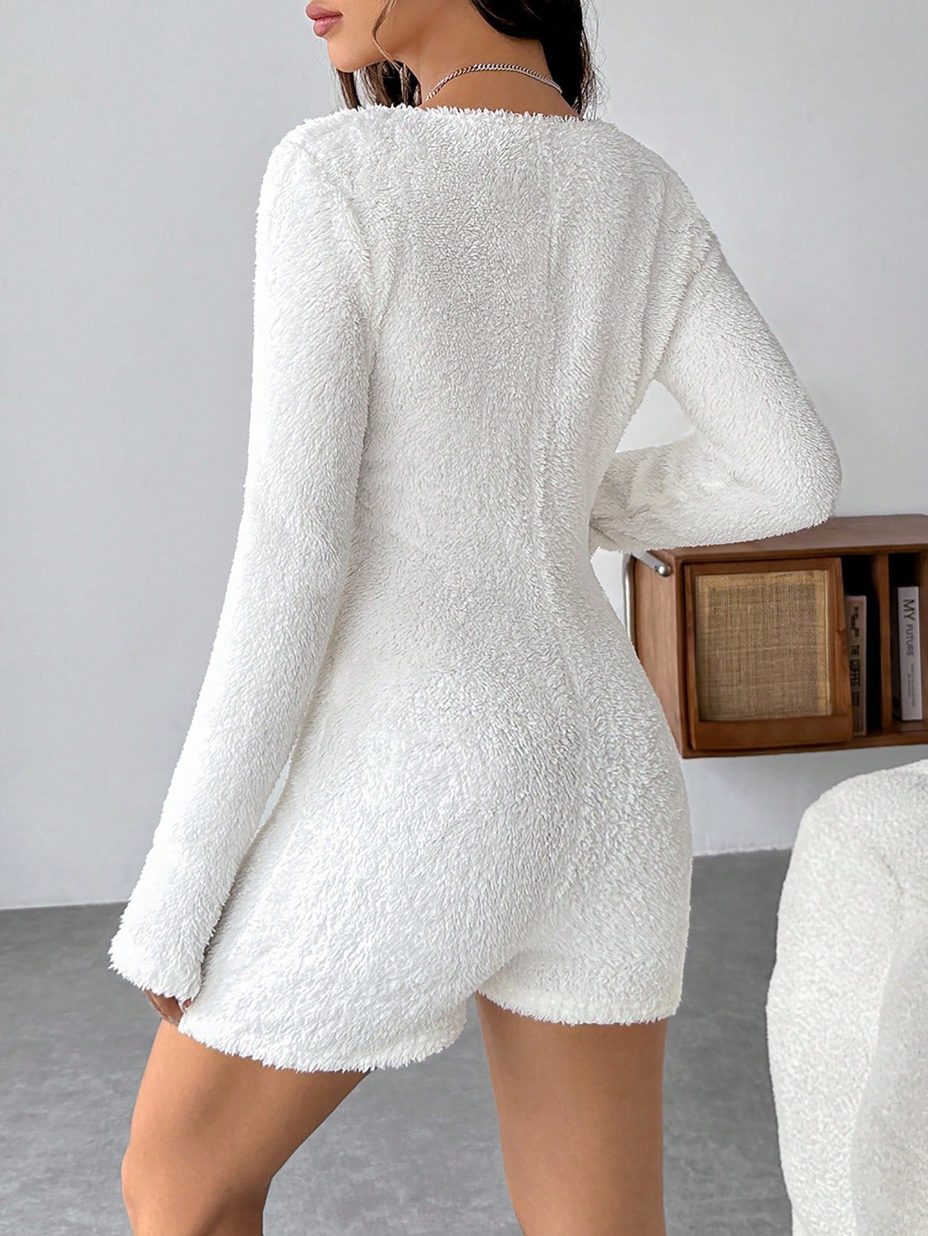 SHEIN EZwear Zip Front Fuzzy Unitard Romper