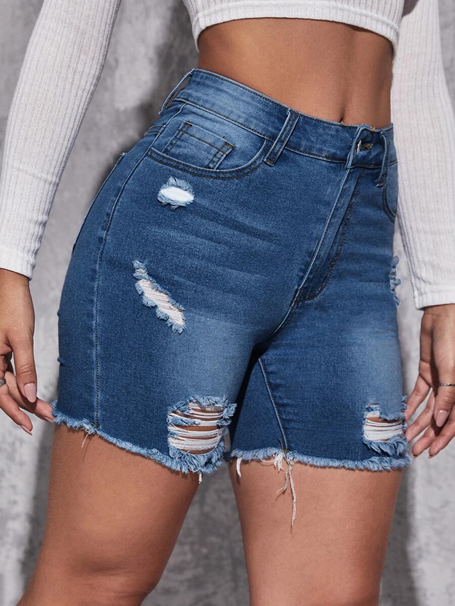 SHEIN Essnce Ripped Raw Hem Denim Shorts