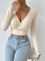 SHEIN Essnce Surplice Neck Ribbed Knit Crop Tee