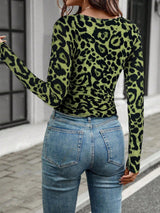 SHEIN LUNE Autumn Leopard Print Ruched Waist Long Sleeve Fitted Women's T-Shirt